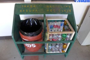 New recycle bins made from plastic bottles for a sustainable resource volunteer project.