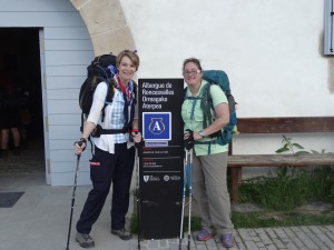 Jodi and Crystal leaving the albergue in Roncesvalles